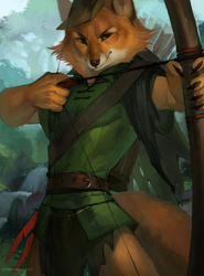 Size: 1024x1383 | Tagged: safe, artist:juliathedragoncat, robin hood (robin hood), canine, fox, mammal, red fox, anthro, disney, robin hood (disney), 2020, arrow, bow (weapon), cheek fluff, claws, clothes, fluff, forest, front view, fur, hand hold, hat, holding, male, orange fur, outdoors, signature, solo, solo male, standing, tail, three-quarter view, weapon