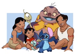 Size: 1009x714 | Tagged: safe, artist:mxst16344, david kawena (lilo & stitch), jumba jookiba (lilo & stitch), lilo pelekai (lilo & stitch), nani pelekai (lilo & stitch), scrump (lilo & stitch), stitch (lilo & stitch), wendy pleakley (lilo & stitch), alien, experiment (lilo & stitch), fictional species, human, kweltikwan, mammal, plorgonarian, anthro, humanoid, semi-anthro, disney, lilo & stitch, 2020, 4 fingers, 4 toes, 5 toes, aloha shirt, antennae, big ears, black eyes, black hair, blue claws, blue fur, blue nose, blue paw pads, blue tongue, brown eyes, chest fluff, child, claws, clothes, colored sclera, colored tongue, crossed legs, ears, female, fluff, four eyes, fur, group, hair, head fluff, jewelry, kneeling, long hair, looking at someone, male, multiple tongues, muumuu, necklace, one eye, open mouth, open smile, pose, ragdoll, shirt, short hair, signature, simple background, sitting, smiling, standing, tank top, tattoo, tongue, topwear, torn ear, two tongues, yellow sclera, young