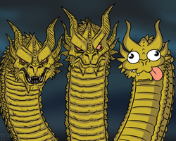 Size: 2087x1669 | Tagged: safe, artist:michaeljlarson, king ghidorah (godzilla), dragon, fictional species, hydra, kaiju, reptile, ambiguous form, godzilla (series), 2019, angry, big eyes, blep, bust, derp, frowning, horns, kevin ghidorah, long neck, looking at you, looking sideways, male, meme origin, multiple heads, open mouth, portrait, sharp teeth, signature, silly face, solo, solo male, teeth, three heads, tongue, tongue out, unamused