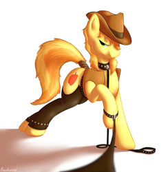 Size: 1400x1493 | Tagged: dead source, safe, artist:braeburned, braeburn (mlp), earth pony, equine, fictional species, mammal, pony, feral, friendship is magic, hasbro, my little pony, 2013, bedroom eyes, clothes, collar, cutie mark, digital art, fur, green eyes, hair, hat, leash, leather, looking at you, male, mane, offscreen character, orange hair, pov, solo, solo male, stallion, submissive, submissive male, tail, tail wraps, viewer on leash, wraps, yellow fur, yellow hair