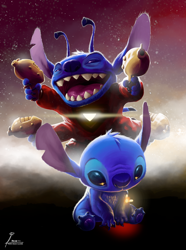 Size: 2138x2877 | Tagged: safe, artist:aldo-delso-illanes, stitch (lilo & stitch), alien, arthropod, experiment (lilo & stitch), fictional species, firefly, insect, semi-anthro, disney, lilo & stitch, 2016, 4 arms, 4 fingers, 4 toes, antennae, back spines, blue fur, blue nose, clothes, dipstick antennae, duo, ears, energy weapon, fur, glowing, handgun, high res, holding weapon, multi wielding, open mouth, open smile, plasma blaster, plasma gun, realistic, sharp teeth, signature, sitting, sky, smiling, spacesuit, squinting, stars, teeth, tongue, torn ear, weapon