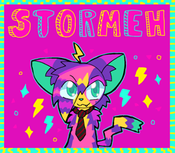 Size: 1106x968 | Tagged: safe, artist:saturnvolta, oc, oc only, oc:stormeh (saturnvolta), cat, feline, mammal, semi-anthro, 2020, abstract background, ahoge, ambiguous gender, blue eyes, clothes, color porn, looking at you, ms paint, necktie, oekaki, solo, solo ambiguous, style emulation, text