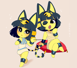 Size: 1280x1129 | Tagged: safe, artist:queenashi, ankha (animal crossing), cat, feline, mammal, anthro, plantigrade anthro, animal crossing, nintendo, 2016, 2d, black hair, digital art, fangs, female, fur, hair, one eye closed, open mouth, paws, pillow, ringtail, sharp teeth, simple background, sitting, solo, solo female, sparkly eyes, tail, teeth, watermark, wingding eyes, yawning, yellow fur, yellow tail