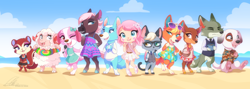 Size: 1500x533 | Tagged: dead source, safe, artist:dvixie, audie (animal crossing), bones (animal crossing), dobie (animal crossing), dom (animal crossing), fauna (animal crossing), pecan (animal crossing), raymond (animal crossing), reneigh (animal crossing), skye (animal crossing), villager (animal crossing), beagle, bovid, canine, caprine, cat, cervid, deer, dog, equine, feline, horse, human, mammal, rodent, sheep, siamese, squirrel, wolf, anthro, plantigrade anthro, unguligrade anthro, animal crossing, animal crossing: new horizons, nintendo, 2020, 2d, :<, basket, beach, black tail, blonde hair, blue body, blue eyes, blue fur, brown body, brown eyes, brown fur, clothes, cloud, curled tail, digital art, doughnut, dress, drink, ear piercing, earring, eyes closed, fangs, female, food, frowning, fur, glasses, gray eyes, gray fur, group, hair, head fluff, heterochromia, holding, hooves, large group, long sleeves, male, mane, mare, microphone, mug, multicolored fur, muumuu, necktie, ocean, open mouth, orange body, orange fur, outdoors, paw hold, paw pads, paws, piercing, pink eyes, pink fur, pink hair, puffy sleeves, purple eyes, raised leg, sand, sharp teeth, shirt, shoes, sitting, sky, sunglasses, tail, teeth, topwear, two toned body, two toned fur, undershirt, ungulate, vest, wall of tags, water, white fur, white hair, white mane, white tail, yellow hair