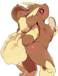 Size: 1000x1300 | Tagged: suggestive, artist:dagasi, fictional species, lopunny, mammal, anthro, nintendo, pokémon, 2020, ambiguous gender, blushing, brush, butt, cute, hairbrush, kemono, looking at you, looking back, looking back at you, red eyes, simple background, solo, solo ambiguous, tail, white background