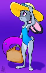 Size: 816x1280 | Tagged: safe, artist:lichfang, judy hopps (zootopia), lagomorph, mammal, rabbit, anthro, disney, zootopia, clothes, female, flower, fur, gradient background, gray fur, hat, inner tube, one-piece swimsuit, purple eyes, simple background, smiling, solo, solo female, sun hat, swimsuit