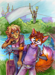 Size: 636x859 | Tagged: safe, artist:imanika, big cat, canine, feline, fox, lion, mammal, anthro, 2014, backpack, blue eyes, camera, duo, female, green eyes, happy, luggage, male, scenery, smiling, traditional art