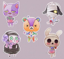 Size: 735x670 | Tagged: safe, artist:drawkill, bob (animal crossing), coco (animal crossing), lucky (animal crossing), muffy (animal crossing), stitches (animal crossing), animate object, bear, bovid, canine, caprine, cat, dog, feline, fictional species, lagomorph, living plushie, mammal, rabbit, sheep, anthro, plantigrade anthro, unguligrade anthro, animal crossing, nintendo, 2014, abstract background, bandages, black fur, black tail, clothes, cub, digital art, double outline, female, fur, glowing, glowing eyes, green eyes, group, hooves, male, package, paws, plushie, tail, ungulate, yellow eyes, young