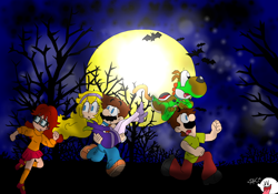 Size: 1068x748 | Tagged: safe, artist:paratroopacx, daphne blake (scooby-doo), fred jones (scooby-doo), luigi (mario), mario (mario), princess daisy (mario), princess peach (mario), scooby-doo (scooby-doo), shaggy norville rogers (scooby-doo), velma dinkley (scooby-doo), yoshi (mario), bat, boo (mario), fictional species, ghost, human, mammal, undead, yoshi (species), feral, hanna-barbera, mario (series), nintendo, scooby-doo (franchise), bottomwear, bridal carry, carrying, clothes, cosplay, crossover, female, glasses, group, holding character, male, male/female, mariopeach (mario), pants, running, shipping, skirt