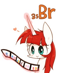 Size: 800x1000 | Tagged: safe, artist:joycall6, part of a set, alicorn, equine, fictional species, mammal, pony, feral, series:joycall6's periodic table, friendship is magic, hasbro, lauren faust, my little pony, bromine, female, film, heart, horn, human to feral, magic, mare, periodic table, ponified, simple background, solo, solo female, telekinesis, white background