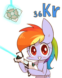 Size: 800x1000 | Tagged: safe, artist:joycall6, part of a set, companion cube (portal), rainbow dash (mlp), equine, fictional species, mammal, pegasus, pony, feral, series:joycall6's periodic table, friendship is magic, hasbro, my little pony, portal (game), valve, blushing, crossover, cute, female, krypton, looking at you, mare, periodic table, portal gun, solo, solo female, wings
