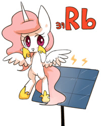 Size: 800x1000 | Tagged: safe, artist:joycall6, part of a set, princess celestia (mlp), alicorn, equine, fictional species, mammal, pony, feral, series:joycall6's periodic table, friendship is magic, hasbro, my little pony, blushing, cute, female, flying, horn, mare, periodic table, rubidium, simple background, solar panel, solo, solo female, tail, white background, wings