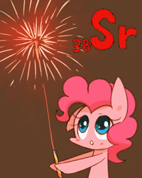 Size: 800x1000 | Tagged: safe, artist:joycall6, part of a set, pinkie pie (mlp), earth pony, equine, fictional species, mammal, pony, feral, series:joycall6's periodic table, friendship is magic, hasbro, my little pony, :o, blushing, brown background, female, fireworks, holding, holding object, index get, mare, periodic table, simple background, solo, solo female, strontium