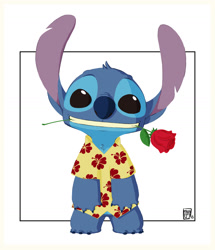 Size: 1224x1426 | Tagged: safe, artist:mnb89, stitch (lilo & stitch), alien, experiment (lilo & stitch), fictional species, semi-anthro, disney, lilo & stitch, 2015, 4 fingers, 4 toes, aloha shirt, black eyes, blue claws, blue fur, blue nose, claws, clothes, ears, flower, fluff, fur, head fluff, holding with mouth, looking at you, male, rose, shirt, simple background, smiling, solo, solo male, standing, topwear, torn ear, white background