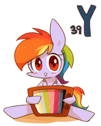 Size: 800x1000 | Tagged: safe, artist:joycall6, part of a set, rainbow dash (mlp), equine, fictional species, mammal, pegasus, pony, feral, series:joycall6's periodic table, friendship is magic, hasbro, my little pony, :>, blushing, cute, female, looking at you, mare, periodic table, simple background, sitting, solo, solo female, television, test card, white background, yttrium