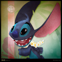 Size: 1500x1500 | Tagged: safe, artist:sillynate, stitch (lilo & stitch), alien, experiment (lilo & stitch), fictional species, semi-anthro, disney, lilo & stitch, 2014, big ears, blue fur, blue nose, ears, fur, lei, male, open mouth, open smile, running, smiling, solo, solo male, torn ear