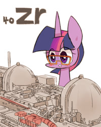 Size: 800x1000 | Tagged: safe, artist:joycall6, part of a set, twilight sparkle (mlp), equine, fictional species, mammal, pony, unicorn, feral, series:joycall6's periodic table, friendship is magic, hasbro, my little pony, blushing, chemistry, chibi, cute, female, glasses, horn, long neck, mare, nuclear power plant, periodic table, power plant, science, simple background, solo, solo female, when you see it, white background, zirconium