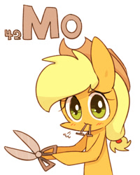 Size: 800x1000 | Tagged: safe, artist:joycall6, part of a set, applejack (mlp), earth pony, equine, fictional species, mammal, pony, feral, series:joycall6's periodic table, friendship is magic, hasbro, my little pony, blushing, clothes, cowboy hat, female, hat, holding, holding object, looking at you, mare, molybdenum, mouth hold, nails, periodic table, scissors, shears, simple background, solo, solo female, white background