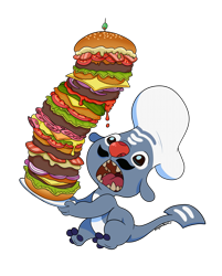 Size: 1873x2328 | Tagged: safe, artist:angoraram, frenchfry (lilo & stitch), alien, experiment (lilo & stitch), fictional species, semi-anthro, disney, lilo & stitch, 2018, bacon, beef patty, burger, cheese, food, gray body, holding, ketchup, lettuce, male, mayonnaise, meat, moustache, mustard, olive, on model, onion, onion ring, open mouth, red nose, simple background, solo, solo male, tomato, toothpick, transparent background, vegetables