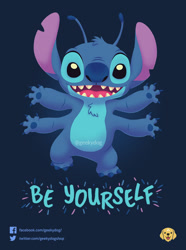 Size: 800x1074 | Tagged: safe, artist:geekydog, stitch (lilo & stitch), alien, experiment (lilo & stitch), fictional species, semi-anthro, disney, lilo & stitch, 2018, 2d, 4 arms, 4 fingers, 4 toes, antennae, black eyes, blue claws, blue fur, blue nose, blue paw pads, chest fluff, claws, dipstick antennae, ears, english text, fluff, full body, fur, head fluff, looking at you, male, open mouth, open smile, sharp teeth, smiling, solo, solo male, teeth, torn ear, watermark