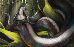 Size: 1208x767 | Tagged: safe, artist:madness_demon, oc, oc only, oc:synderth, fictional species, reptile, snake, anthro, naga, forked tongue, iridescent scales, male, outdoors, solo, solo male, tongue, tongue out, tree