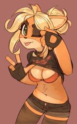 Size: 1688x2712 | Tagged: safe, artist:wamudraws, coco bandicoot (crash bandicoot), bandicoot, mammal, marsupial, anthro, cc by-nc, crash bandicoot (series), creative commons, bottomwear, bra, breasts, choker, clothes, female, fingerless gloves, gesture, gloves, green eyes, legwear, looking at you, one eye closed, raspberry, shirt, shirt lift, shorts, solo, solo female, thigh highs, tongue, tongue out, topwear, underwear, v sign, winking