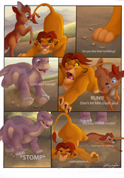 Size: 2410x3436 | Tagged: safe, artist:nostalgicchills, bambi (bambi), littlefoot (the land before time), simba (the lion king), apatosaurus, big cat, cervid, deer, dinosaur, feline, lion, mammal, sauropod, feral, bambi (film), disney, sullivan bluth studios, the land before time, the lion king, comic, crossover, high res, male, males only, paw pads, paws, teenager, trio, trio male, young