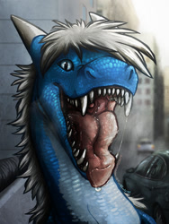 Size: 750x1000 | Tagged: suggestive, artist:lemondeer, oc, oc:hiroto, dragon, fictional species, furred dragon, reptile, scaled dragon, feral, bust, car, city, ddrool, front view, male, mawshot, open mouth, portrait, solo, solo male, three-quarter view