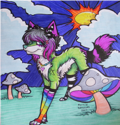 Size: 474x494 | Tagged: safe, artist:bluepandimonium, oc, oc only, oc:karma (bluepandimonium), canine, mammal, sparkle dog, wolf, feral, 2007, arm warmers, black fur, black tail, blue eyes, body markings, claws, clothes, cloud, cloudy, facial markings, female, front view, fur, grass, gray hair, green claws, green fur, hair, heart, jewelry, leg warmers, legwear, low res, marker drawing, mushroom, necklace, outdoors, paws, pink claws, purple fur, purple hair, purple tail, scene fashion, signature, sky, smiling, solo, solo female, striped clothes, striped legwear, striped tail, stripes, sun, tail, three-quarter view, toeless legwear, traditional art, white fur