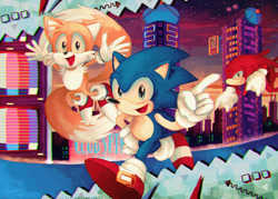 Size: 1246x890 | Tagged: safe, artist:missneens, classic knuckles, classic sonic, classic tails, knuckles the echidna (sonic), miles "tails" prower (sonic), sonic the hedgehog (sonic), canine, echidna, fox, hedgehog, mammal, monotreme, red fox, anthro, sega, sonic mania, sonic the hedgehog (series), 2018, dipstick tail, fluff, group, male, males only, multiple tails, orange tail, quills, red tail, tail, tail fluff, trio, trio male, two tails, white tail