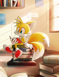 Size: 2000x2605 | Tagged: safe, artist:akusuru, miles "tails" prower (sonic), canine, fox, mammal, red fox, anthro, sega, sonic the hedgehog (series), 2015, 2d, book, books, dipstick tail, fluff, high res, holding, holding book, holding object, male, multiple tails, orange tail, reading, sitting, solo, solo male, tail, tail fluff, two tails, white tail