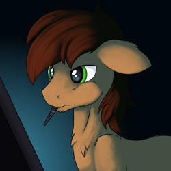 Size: 1000x1000 | Tagged: safe, artist:redquoz, oc, oc:red bark, earth pony, equine, fictional species, mammal, pony, feral, friendship is magic, hasbro, my little pony, brown hair, bust, chest fluff, drawing tablet, floppy ears, fluff, green eyes, hair, light brown fur, male, ponysona, portrait, sleepy, solo, solo male, stallion, stylus