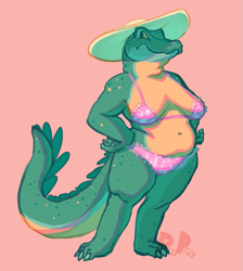 Size: 1111x1240 | Tagged: safe, artist:roboreptil, alligator, crocodilian, reptile, anthro, plantigrade anthro, belly button, big breasts, bikini, breasts, claws, cleavage, clothes, female, frowning, hand on hip, hat, looking sideways, pink background, signature, simple background, slightly chubby, solo, solo female, sun hat, swimsuit, tail