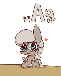 Size: 800x1000 | Tagged: safe, artist:joycall6, part of a set, silver spoon (mlp), earth pony, equine, fictional species, mammal, pony, feral, series:joycall6's periodic table, friendship is magic, hasbro, my little pony, :p, argentum, blushing, chemistry, female, filly, foal, glasses, heart, holding, holding object, licking lips, looking at you, name pun, namesake, periodic table, plate, pun, silver, silverware, simple background, solo, solo female, spoon, tongue, tongue out, white background, young
