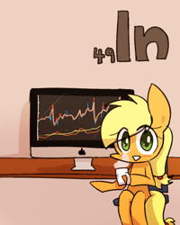 Size: 800x1000 | Tagged: safe, artist:joycall6, part of a set, applejack (mlp), earth pony, equine, fictional species, mammal, pony, feral, series:joycall6's periodic table, apple (company), friendship is magic, hasbro, my little pony, blushing, brown background, chair, coffee, computer, drink, female, holding, hoof hold, hooves, indium, mac, mare, monitor, mug, periodic table, simple background, sitting, solo, solo female, tail