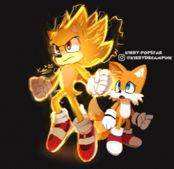 Size: 1600x1550 | Tagged: safe, artist:kirby-popstar, miles "tails" prower (sonic), sonic the hedgehog (sonic), canine, fox, hedgehog, mammal, red fox, anthro, sega, sonic the hedgehog (series), sonic the hedgehog movie, 2020, dipstick tail, duo, duo male, fluff, male, males only, multiple tails, orange tail, quills, super sonic, tail, tail fluff, two tails, white tail