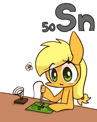 Size: 800x1000 | Tagged: safe, artist:joycall6, part of a set, applejack (mlp), earth pony, equine, fictional species, mammal, pony, feral, series:joycall6's periodic table, friendship is magic, hasbro, my little pony, blushing, chemistry, circuit board, electronics, female, holding, holding object, mare, pcb, periodic table, simple background, solder, soldering, soldering iron, solo, solo female, stannum, teary eyes, tin, white background