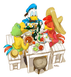 Size: 700x757 | Tagged: safe, artist:noho, donald duck (disney), josé carioca (disney), panchito pistoles (disney), bird, chicken, duck, galliform, parrot, waterfowl, anthro, disney, mickey and friends, the three caballeros, 2013, 2d, bench, blue sclera, bow tie, clothes, colored sclera, drinking, eating, eyes closed, feathers, green feathers, group, hat, high angle, lime, male, pork pie hat, red feathers, rooster, simple background, sombrero, stool, umbrella, white background, white feathers, yellow beak