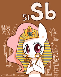Size: 800x1000 | Tagged: safe, artist:joycall6, part of a set, princess celestia (mlp), alicorn, equine, fictional species, mammal, pony, feral, series:joycall6's periodic table, friendship is magic, hasbro, my little pony, 2015, ancient egypt, antimony, blushing, brown background, chemistry, egyptian, female, looking at you, mare, periodic table, pharaoh, simple background, solo, solo female, stibium