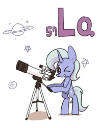Size: 800x1000 | Tagged: safe, artist:joycall6, part of a set, trixie (mlp), equine, fictional species, mammal, pony, unicorn, feral, series:joycall6's periodic table, friendship is magic, hasbro, my little pony, :o, bipedal, chemistry, cute, female, horn, lanthanum, mare, one eye closed, open mouth, periodic table, planet, simple background, solo, solo female, stars, telescope, white background, winking