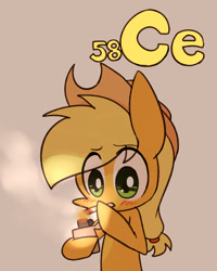 Size: 800x1000 | Tagged: safe, artist:joycall6, part of a set, applejack (mlp), earth pony, equine, fictional species, mammal, pony, feral, series:joycall6's periodic table, friendship is magic, hasbro, my little pony, blushing, cerium, chemistry, cigarette, clothes, cowboy hat, female, gray background, hat, lighter, mare, periodic table, simple background, smoking, solo, solo female