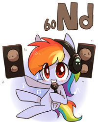 Size: 800x1000 | Tagged: safe, artist:joycall6, part of a set, rainbow dash (mlp), equine, fictional species, mammal, pegasus, pony, feral, series:joycall6's periodic table, friendship is magic, hasbro, my little pony, blushing, cute, female, headphones, mare, microphone, neodymium, periodic table, simple background, singing, solo, solo female, speaker, tail, white background, wings