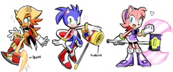Size: 3782x1585 | Tagged: dead source, safe, artist:drawloverlala, amy rose (sonic), princess sally acorn (sonic), sonic the hedgehog (sonic), chipmunk, hedgehog, mammal, rodent, anthro, archie sonic the hedgehog, sega, sonic the hedgehog (series), 2016, female, fusion, hammer, male, piko piko hammer, quills