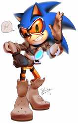 Size: 1948x3077 | Tagged: safe, artist:shira-hedgie, sonic the hedgehog (sonic), tracer (overwatch), hedgehog, mammal, anthro, blizzard entertainment, overwatch, sega, sonic the hedgehog (series), 2016, cosplay, crossover, male, quills, solo, solo male, speech bubble