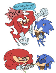 Size: 540x707 | Tagged: safe, artist:miikanism, knuckles the echidna (sonic), sonic the hedgehog (sonic), echidna, hedgehog, mammal, monotreme, anthro, sega, sonic boom (series), sonic the hedgehog (series), 2014, bandanna, clothes, comic, duo, duo male, male, males only, neckerchief, quills, red tail, tail