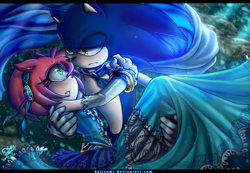 Size: 1500x1040 | Tagged: safe, artist:kalisami, amy rose (sonic), nimue (sonic), sonic the hedgehog (sonic), hedgehog, mammal, anthro, sega, sonic and the black knight, sonic the hedgehog (series), 2016, female, male, male/female, quills, shipping, sonamy (sonic)