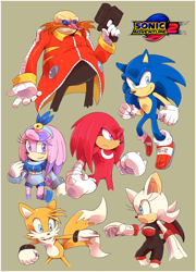 Size: 832x1155 | Tagged: safe, artist:cylent-nite, doctor eggman (sonic), knuckles the echidna (sonic), miles "tails" prower (sonic), rouge the bat (sonic), sonic the hedgehog (sonic), oc, oc:proj the echidna (cylent-nite), bat, canine, echidna, fox, hedgehog, human, mammal, monotreme, red fox, anthro, sega, sonic adventure 2, sonic the hedgehog (series), 2014, alternate universe, dipstick tail, female, fluff, gun, logo, male, multiple tails, orange tail, quills, red tail, tail, tail fluff, two tails, weapon, white tail