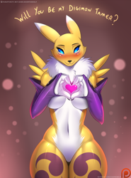 Size: 1000x1350 | Tagged: safe, artist:doomxwolf, fictional species, renamon, anthro, digitigrade anthro, digimon, 2017, armwear, belly button, big breasts, big ears, black nose, blue eyes, blushing, body markings, breasts, chest fluff, claws, cute, dialogue, digital art, ears, english text, eyebrows, eyelashes, facial markings, featureless breasts, featureless crotch, female, fluff, front view, fur, heart, heart hands, holiday, looking at you, love heart, multicolored fur, patreon logo, paws, smiling, smiling at you, solo, solo female, talking, talking to viewer, text, thick thighs, thighs, two toned body, two toned fur, valentine's day, white belly, white body, white fur, wide hips, yellow body, yellow fur