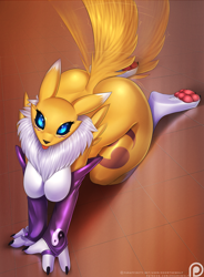 Size: 1400x1900 | Tagged: suggestive, artist:doomxwolf, fictional species, renamon, anthro, digimon, armwear, black sclera, blue eyes, breasts, butt, clothes, colored sclera, featureless crotch, female, fur, motion lines, neck tuft, solo, solo female, tongue, tongue out, wide hips, yellow fur