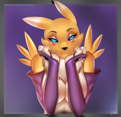 Size: 3300x3200 | Tagged: suggestive, artist:doomxwolf, fictional species, renamon, anthro, digimon, armwear, bedroom eyes, black sclera, blue eyes, blushing, breasts, chest fluff, colored sclera, cute, female, fluff, fur, high res, looking at you, multicolored fur, smiling, smiling at you, solo, solo female, two toned body, two toned fur, white body, white fur, yellow fur